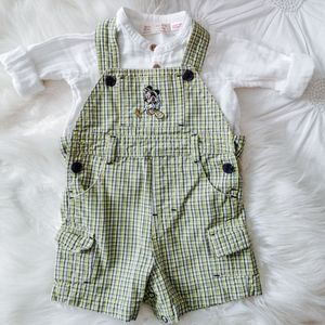 Vintage Plaid Disney Mickey Baby Overall Shorts Size 3 Months With Linen Shirt